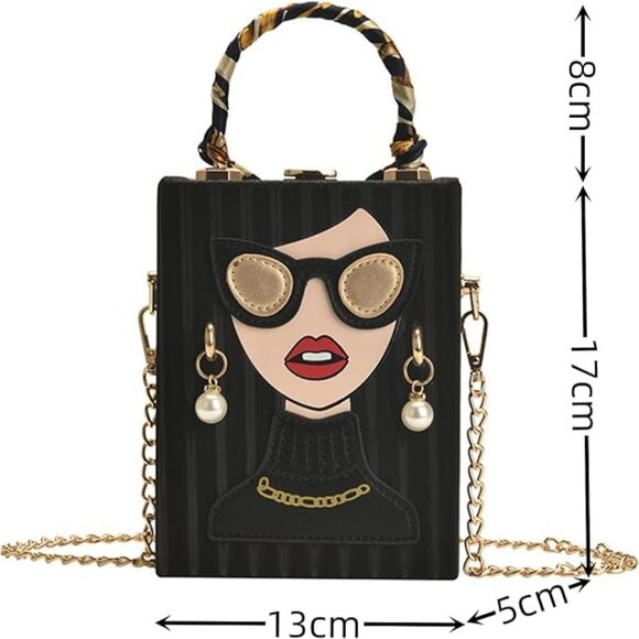 Chic Fashion Lady Face Trendy Box Handbag w/Pearl Earrings, Scarf Twilly Handle - Picture 10 of 10